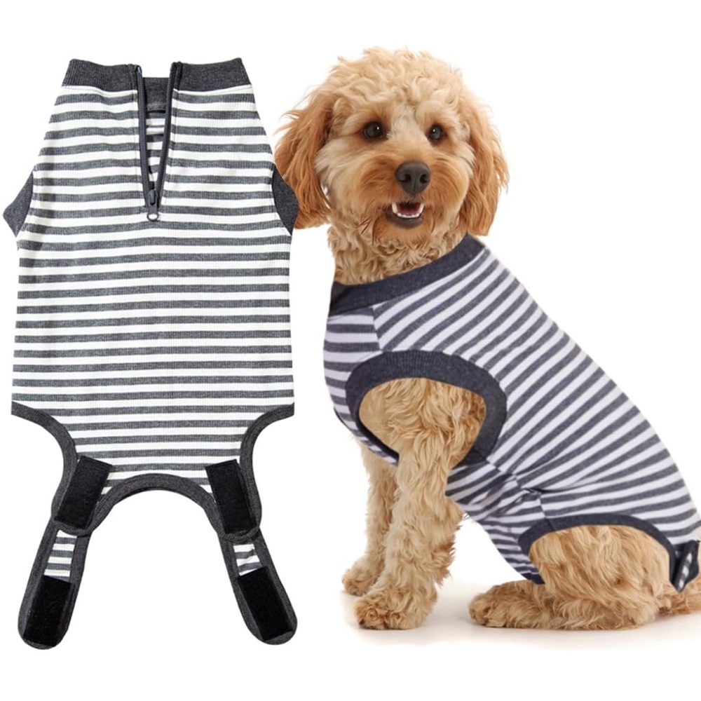 Wabdhally Dog Surgery Recovery Suit,Surgical Suit Grey Striped Zipper Onesie S